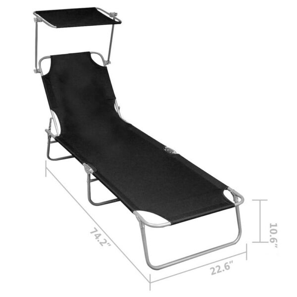 Keli Outdoor Folding Chaise Lounger, Canopy, Black Polyester, 74 Inch