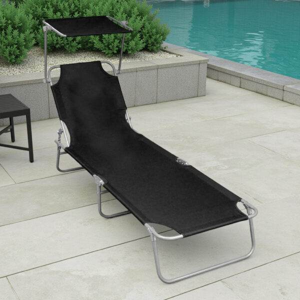 Keli Outdoor Folding Chaise Lounger, Canopy, Black Polyester, 74 Inch