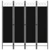 Dina 4 Panel Room Divider Screen, Black Fabric, Iron Frame, 63 Inch