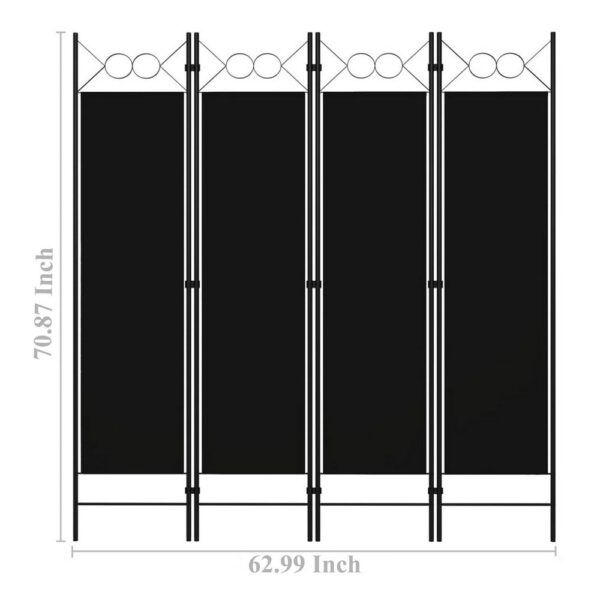 Dina 4 Panel Room Divider Screen, Black Fabric, Iron Frame, 63 Inch