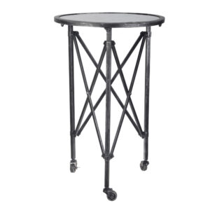 27 Inch Side Table, Round Metal Body, Glass Tabletop, 3 Wheels, Silver