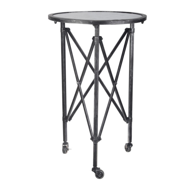 27 Inch Side Table, Round Metal Body, Glass Tabletop, 3 Wheels, Silver