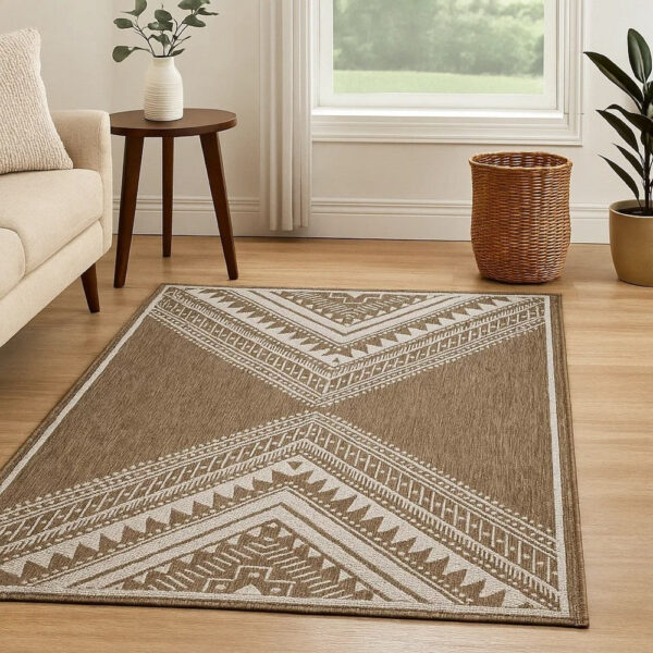 John 5 x 7 Medium Area Rug, Tribal Inspired Boho Pattern, Brown Ivory