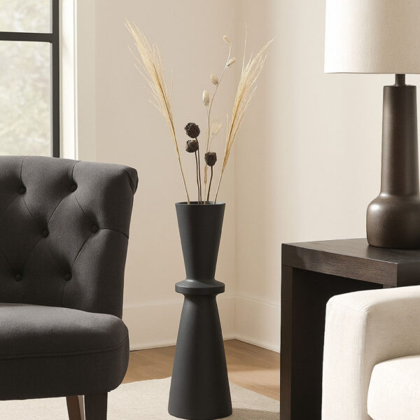 Loci Accent Vase, 30 Inch Hourglass Design, Textured Black Polyresin