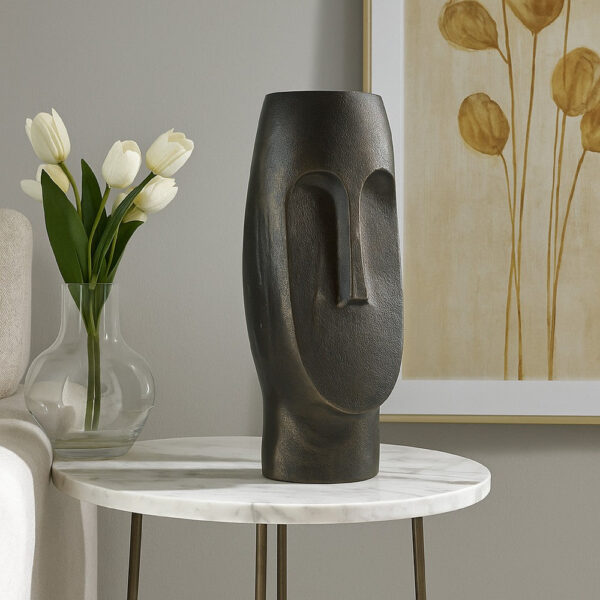 Vase, Abstract Decorative Figurine of a Head, 13 Inch Bronze Aluminum