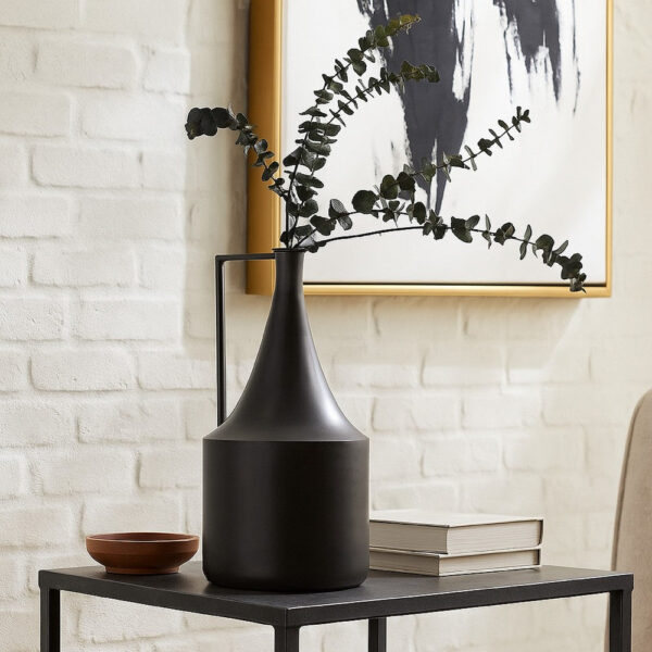 Decorative Vase, Metal Angular Handle and Curved Neck, 17 Inch Black