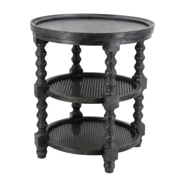 Jake 25 Inch 3 Tier Side Table, Fir Wood, 2 Woven Wicker Shelves, Black