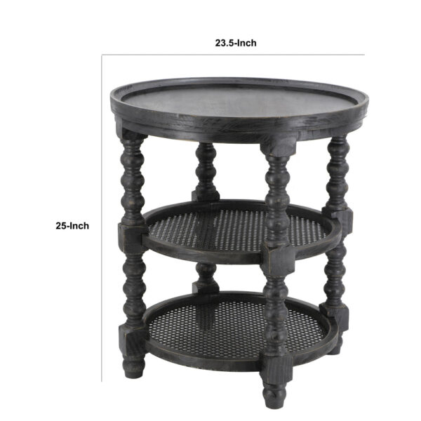 Jake 25 Inch 3 Tier Side Table, Fir Wood, 2 Woven Wicker Shelves, Black