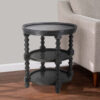 Jake 25 Inch 3 Tier Side Table, Fir Wood, 2 Woven Wicker Shelves, Black