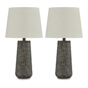 Roe Table Lamp Set of 2, Antique Black Textured Metal Base. Drum Shade