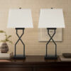 Table Lamp Set of 2, Empire Fabric Shade, Black Geometric Base w USB