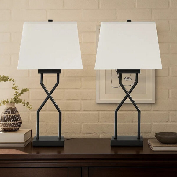 Table Lamp Set of 2, Empire Fabric Shade, Black Geometric Base w USB