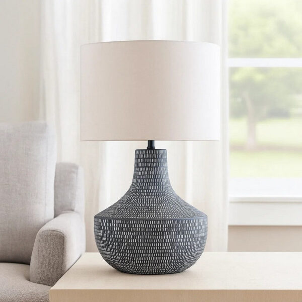 Lym Table Lamp, Gray Hammered Metal Base, White Fabric Shade 28 Inch