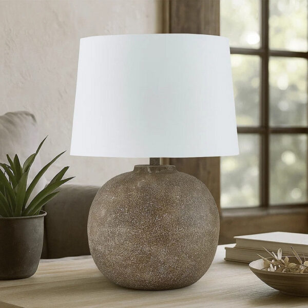 Vesy Table Lamp, Brown Abstract Impressions, 25 Inch Round Metal Base