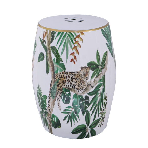 18 Inch Ceramic Accent Table, Drum Shape, Tropical Print, White, Green