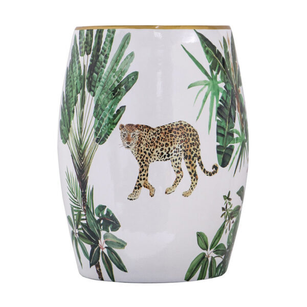 18 Inch Ceramic Accent Table, Drum Shape, Tropical Print, White, Green