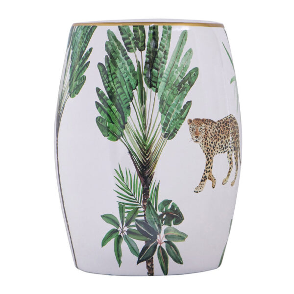 18 Inch Ceramic Accent Table, Drum Shape, Tropical Print, White, Green