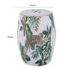 18 Inch Ceramic Accent Table, Drum Shape, Tropical Print, White, Green