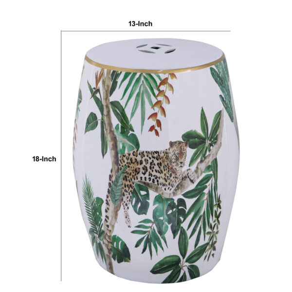 18 Inch Ceramic Accent Table, Drum Shape, Tropical Print, White, Green