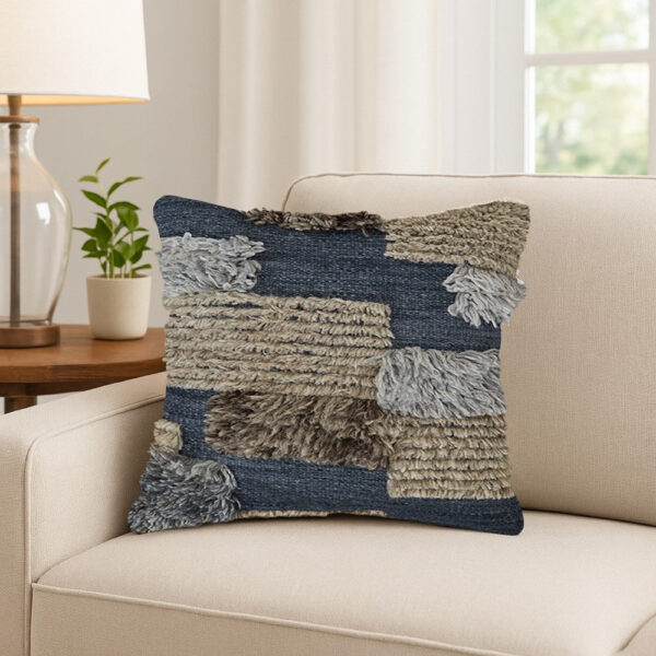 Square Accent Throw Pillow, 20 Inch Hand Knotted Patchwork, Gray Wool
