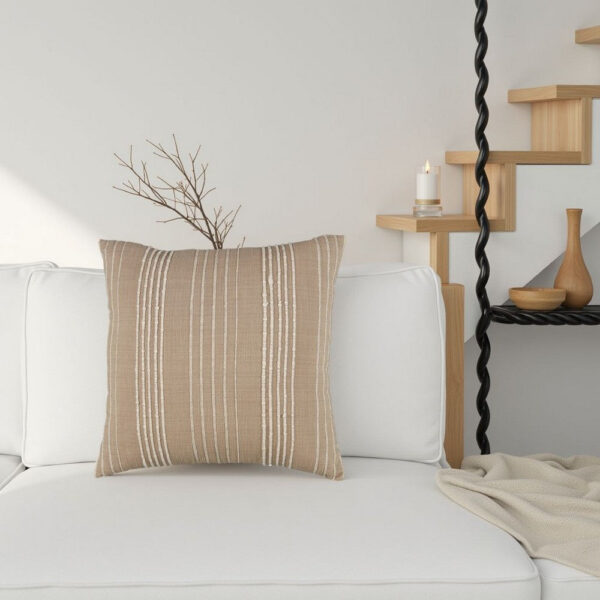 Square Accent Throw Pillow, 20 Inch, Striped Cotton, White, Tan Brown