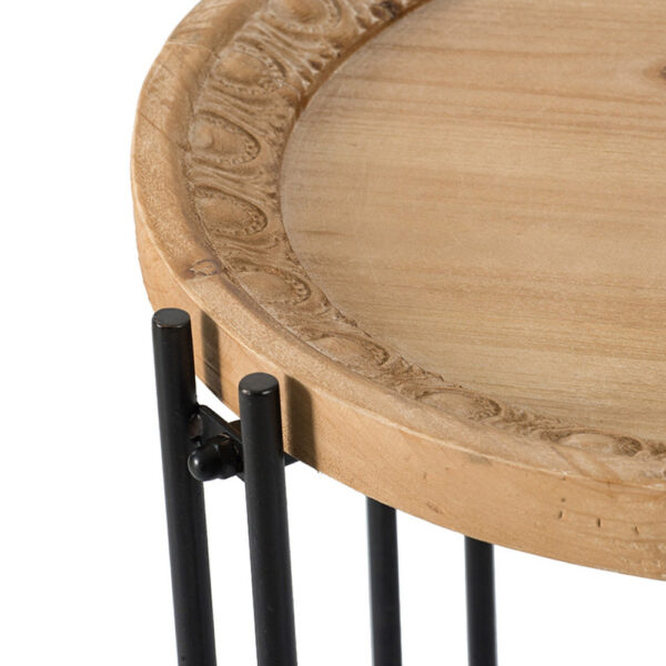 24 Inch Side Table, Modern, Round Tabletop, Carved Wood, Iron Frame, Brown