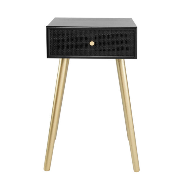 Gaia 28 Inch Pine Wood Side End Table, Gliding Rattan Drawer, Black, Gold