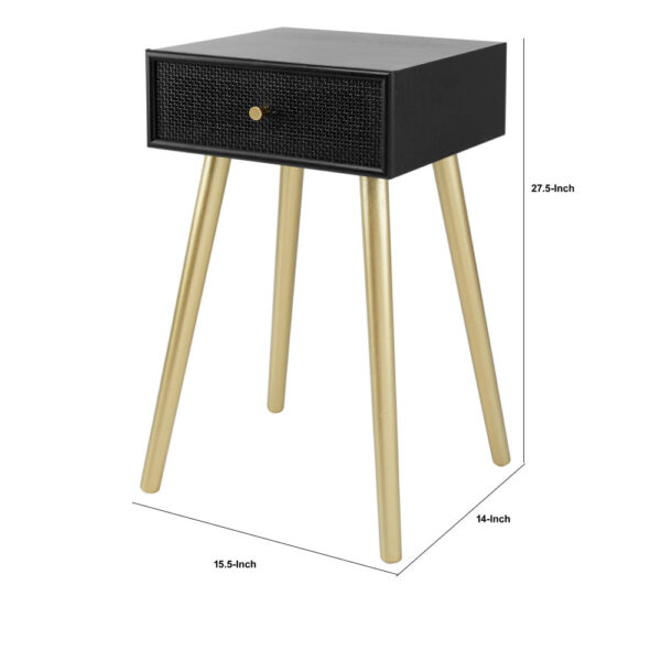 Gaia 28 Inch Pine Wood Side End Table, Gliding Rattan Drawer, Black, Gold