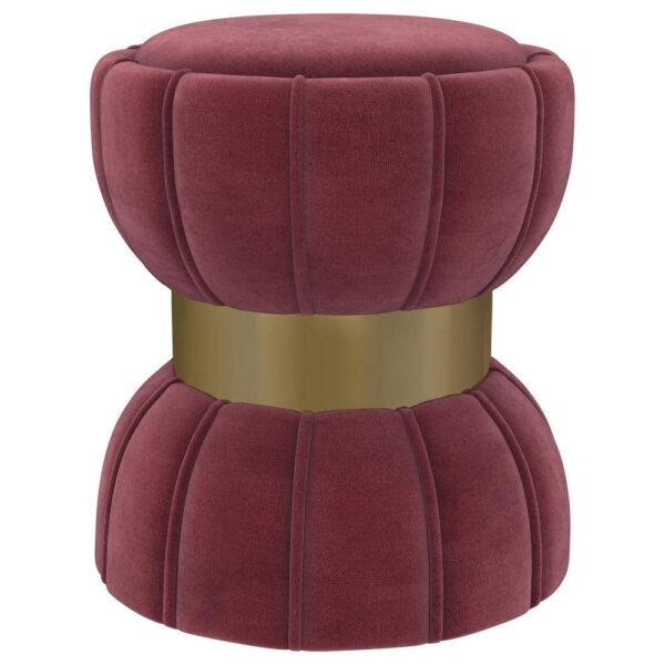 Soraya Ottoman, Tufted Red Wine Fabric, Round 17 Inch, Gold Metal Band