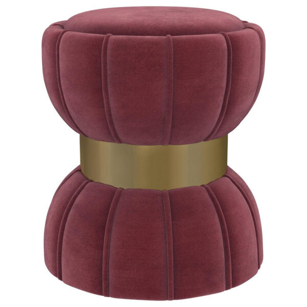 Soraya Ottoman, Tufted Red Wine Fabric, Round 17 Inch, Gold Metal Band