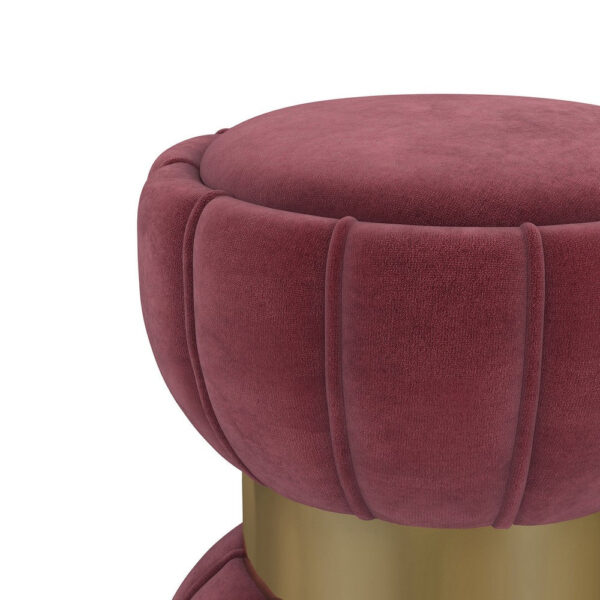 Soraya Ottoman, Tufted Red Wine Fabric, Round 17 Inch, Gold Metal Band