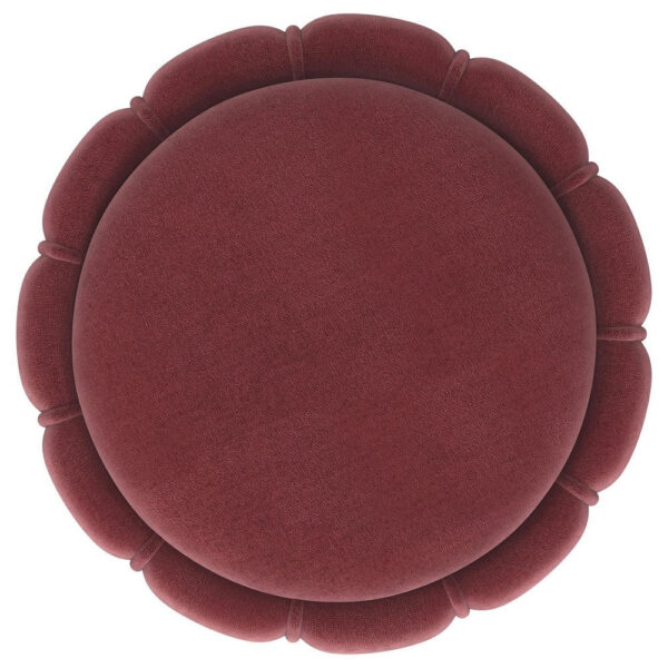Soraya Ottoman, Tufted Red Wine Fabric, Round 17 Inch, Gold Metal Band