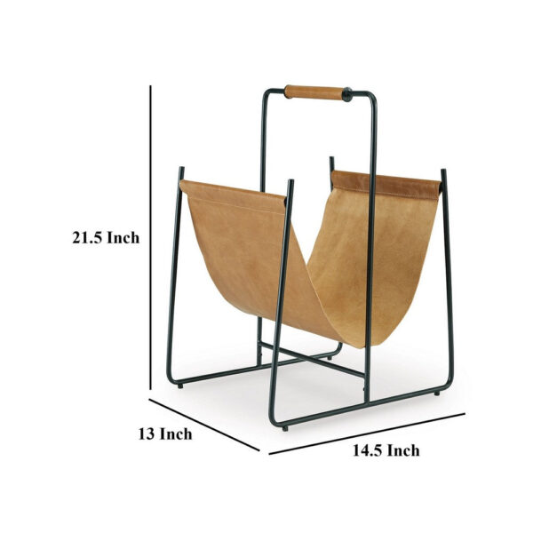 Faron Magazine File Rack with Handles, Black Metal, Brown Leather