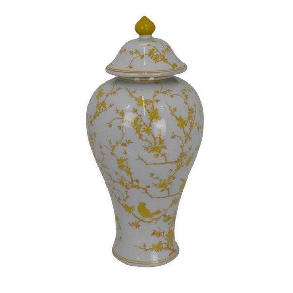 Chris Lidded Accent Jar, Yellow Bird and Floral, White Ceramic 20 Inch
