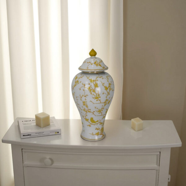 Chris Lidded Accent Jar, Yellow Bird and Floral, White Ceramic 20 Inch