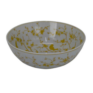 Alex Decorative Bowl, Yellow Bird Floral Motif, White Ceramic 14 Inch