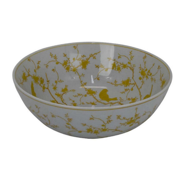 Alex Decorative Bowl, Yellow Bird Floral Motif, White Ceramic 14 Inch