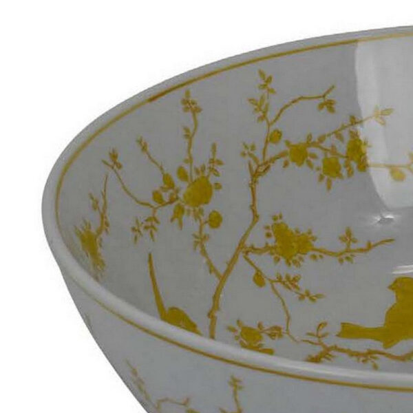 Alex Decorative Bowl, Yellow Bird Floral Motif, White Ceramic 14 Inch