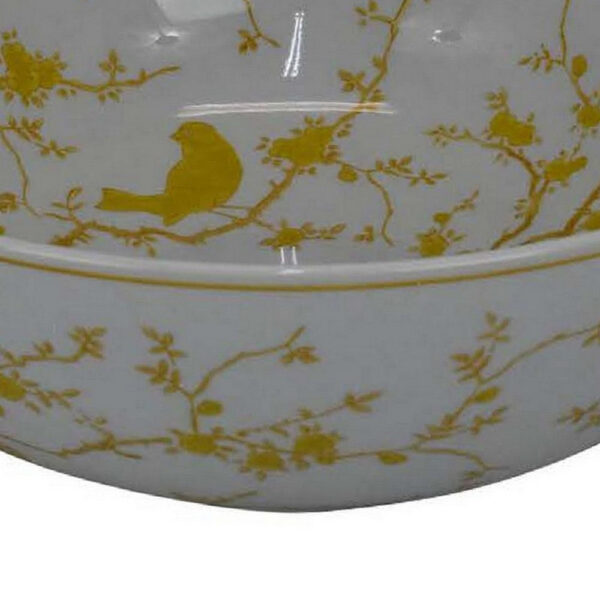 Alex Decorative Bowl, Yellow Bird Floral Motif, White Ceramic 14 Inch