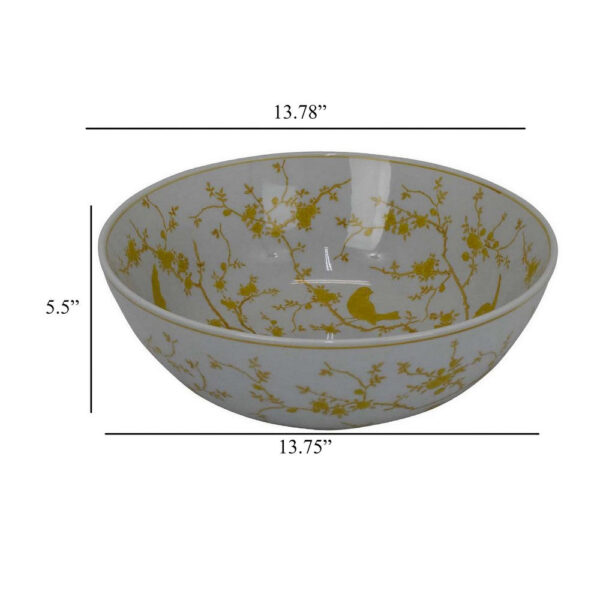 Alex Decorative Bowl, Yellow Bird Floral Motif, White Ceramic 14 Inch
