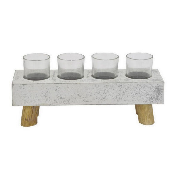 Cabo Accent Vase with 4 Glass Pots, Wood Legs, Gray Ceramic 15 Inch