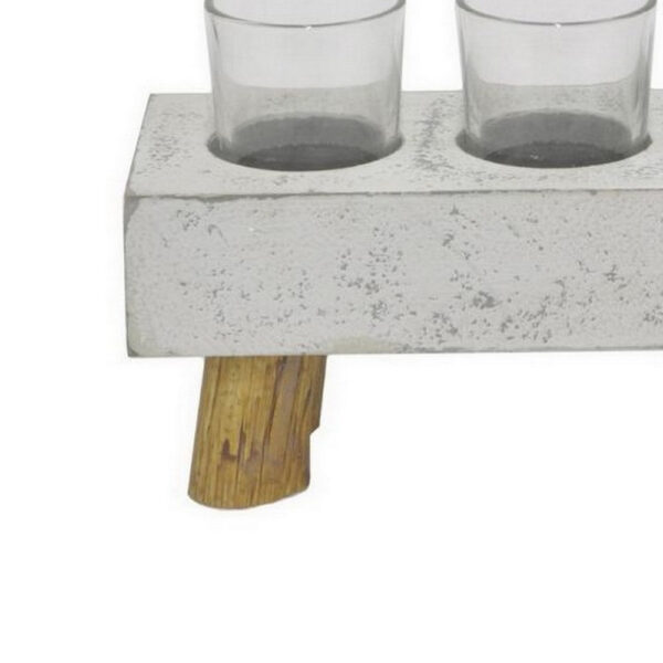 Cabo Accent Vase with 4 Glass Pots, Wood Legs, Gray Ceramic 15 Inch