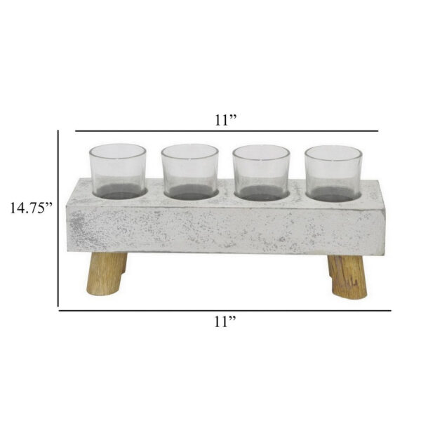 Cabo Accent Vase with 4 Glass Pots, Wood Legs, Gray Ceramic 15 Inch