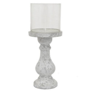 Kris Candle Holder with Hurricane Glass Top, White Gray Ceramic 7 Inch