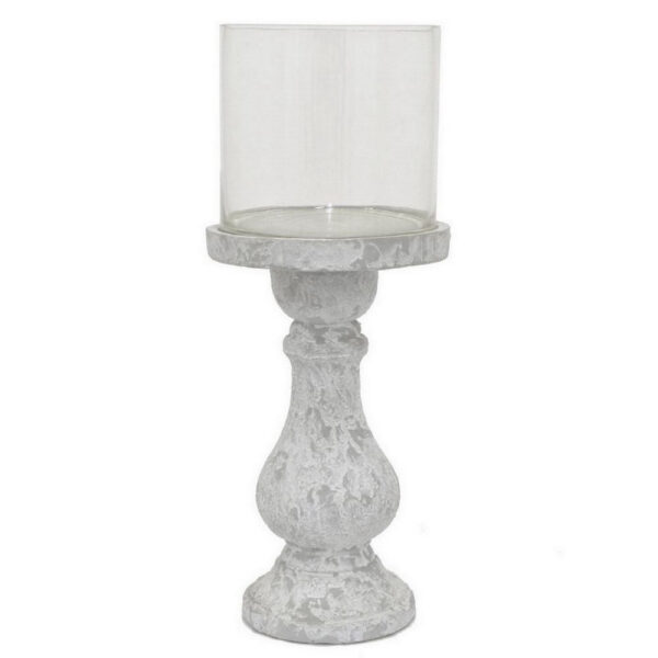 Kris Candle Holder with Hurricane Glass Top, White Gray Ceramic 7 Inch