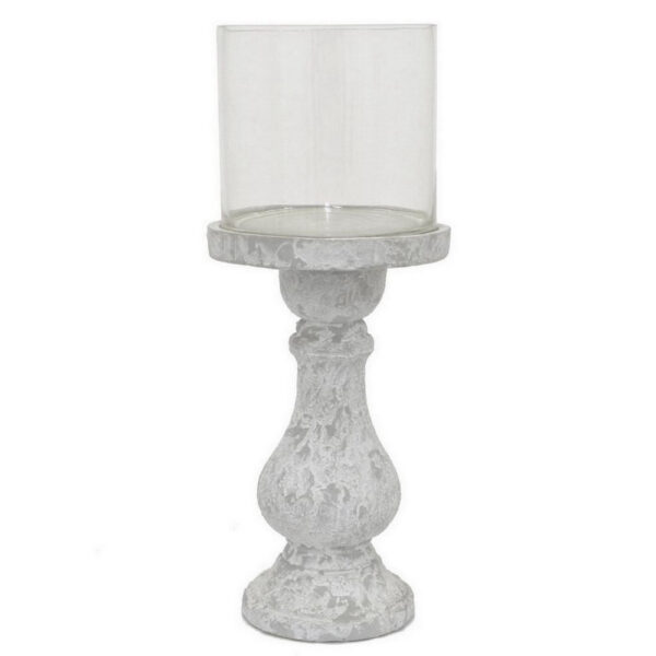 Kris Candle Holder with Hurricane Glass Top, White Gray Ceramic 7 Inch