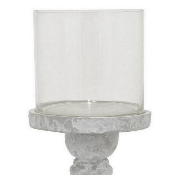 Kris Candle Holder with Hurricane Glass Top, White Gray Ceramic 7 Inch