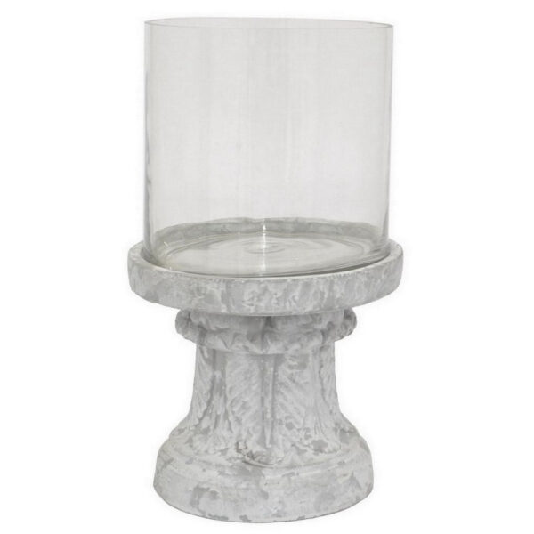 Kris Candle Holder, Hurricane Glass Top, White Gray Ceramic 14 Inch