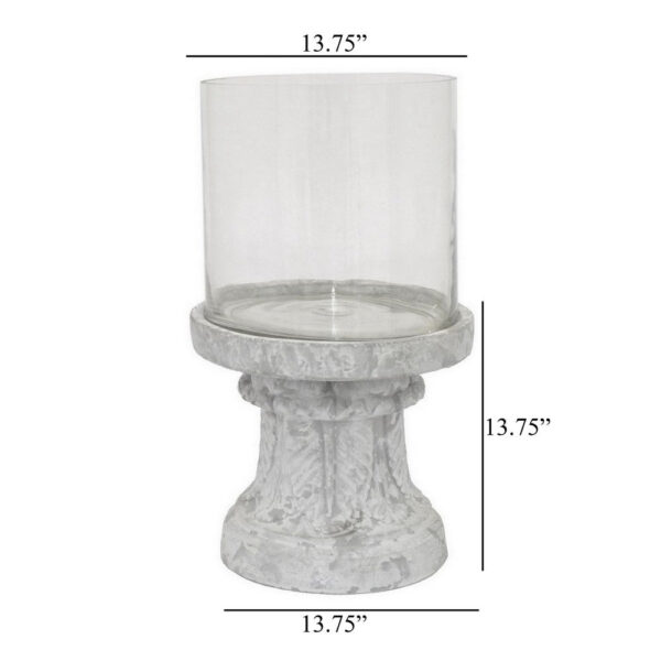 Kris Candle Holder, Hurricane Glass Top, White Gray Ceramic 14 Inch