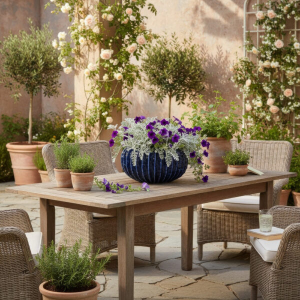 Harry Round Planter Vase, Textured Design, Blue Ceramic 13 Inch